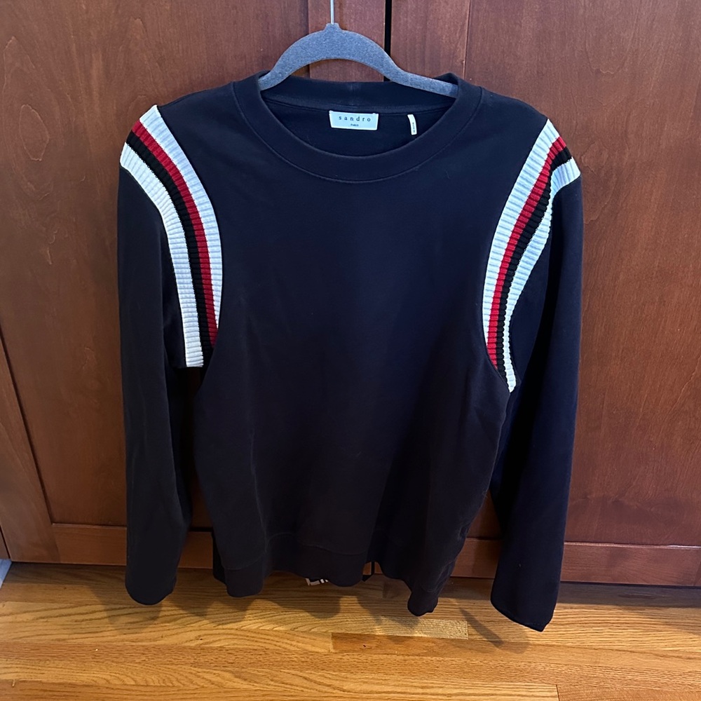 Sandro Black Crewneck Sweater with Red and White Accents
